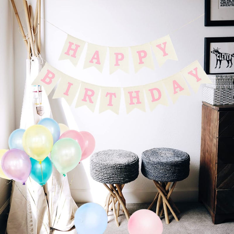 CROWNOS Burlap Happy Birthday Banner  Assembled Reusable Pink Happy Birthday Sign for Rustic Birthday Party Decorations - Image 3